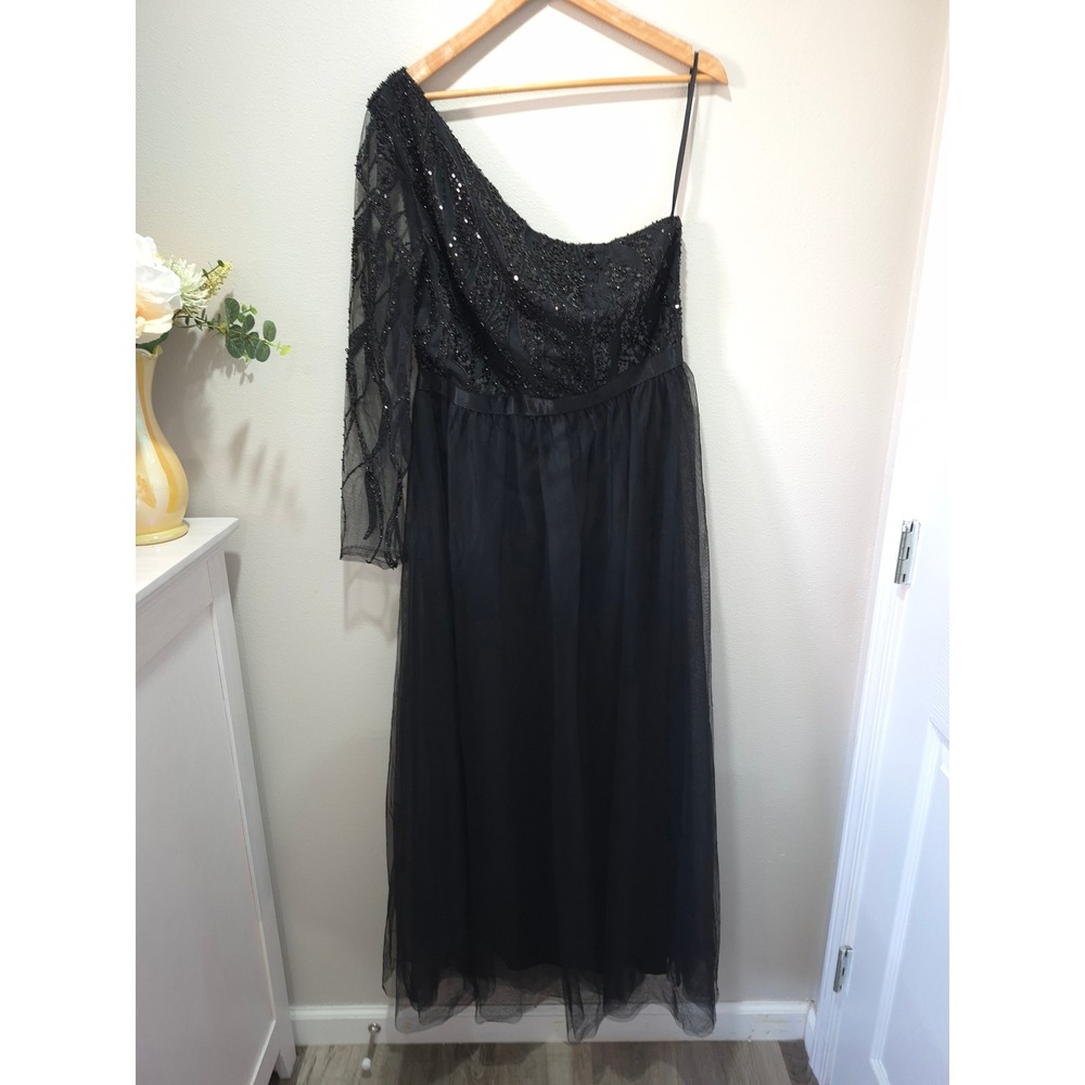 Black One Shoulder Sequin Beaded Tulle Evening Gown‎ Formal Dress Long Sleeve